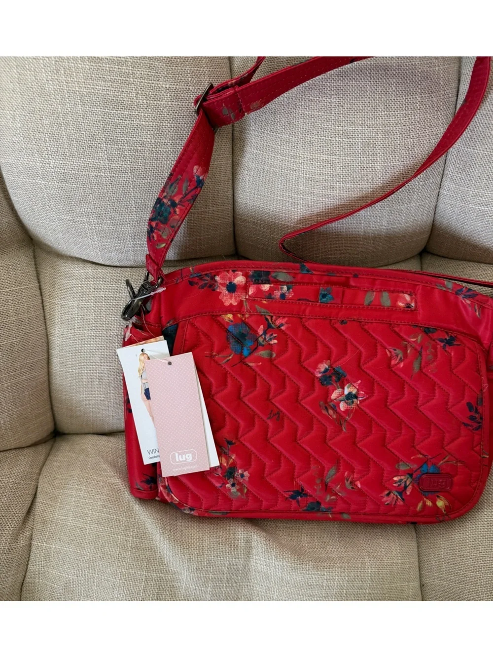 lug Quilted Floral Crossbody Bag in Red with Blue Accents